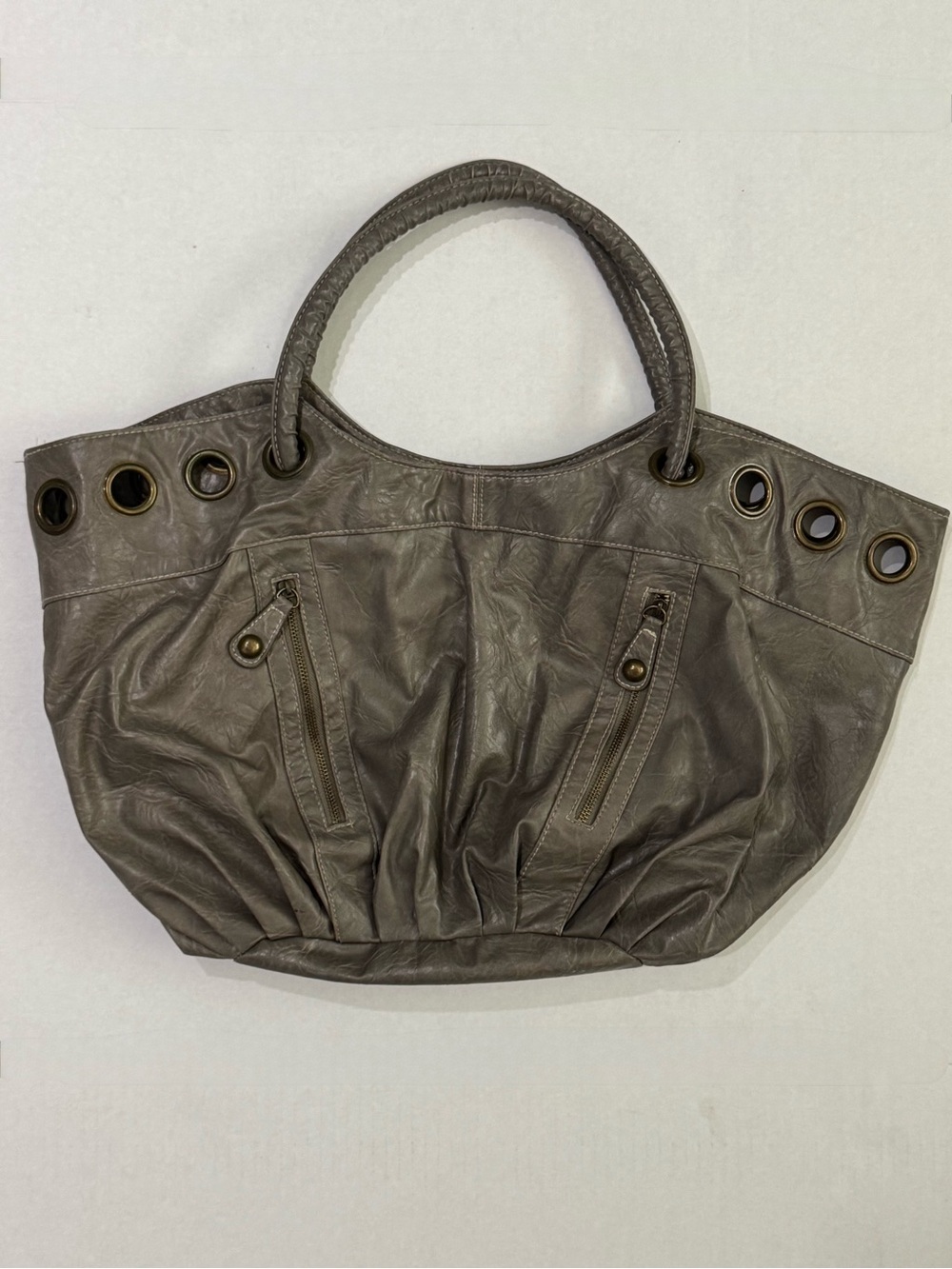 Chateau Gray Faux Leather Grommet Slouchy Tote Handbag Y2K Moto Purse